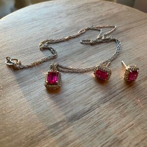 Emerald Cut Earrings Necklace Set Silver Pink Gemstone Stud October Birthstone